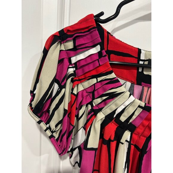 Style & Co Pleated Neck Geometric Print Short Sleeve Top Multicolor Sz Medium - Picture 4 of 9